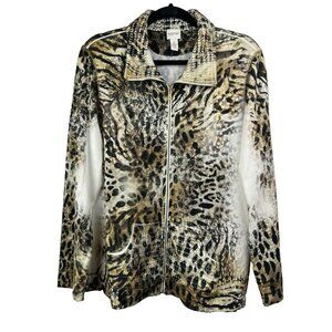 Chicos Zenergy Jacket Large Animal Black White Long Sleeve Full Zip Pockets‎